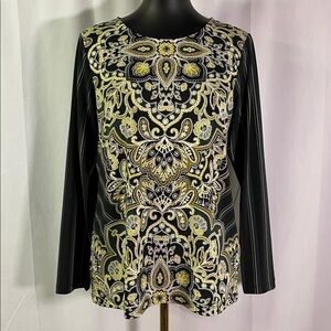 Bob Mackie Black Green & Yellow Mixed Print Long Sleeve Top